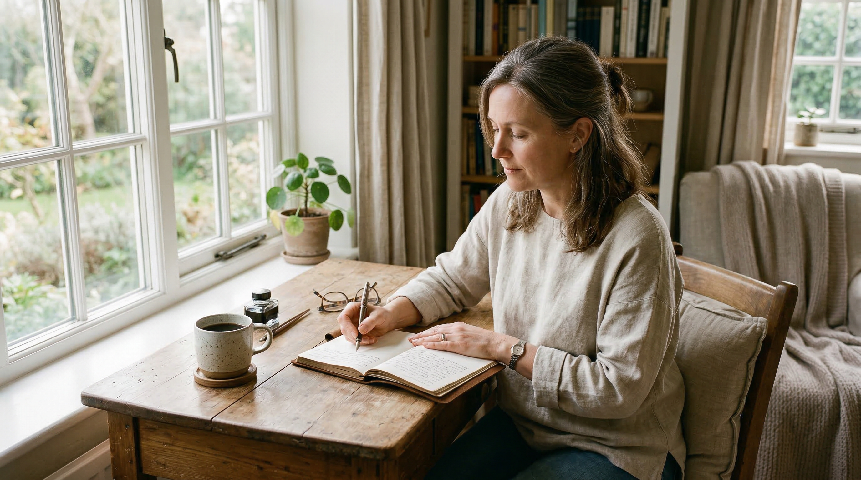 Woman journaling at a wooden desk by a window in soft morning light