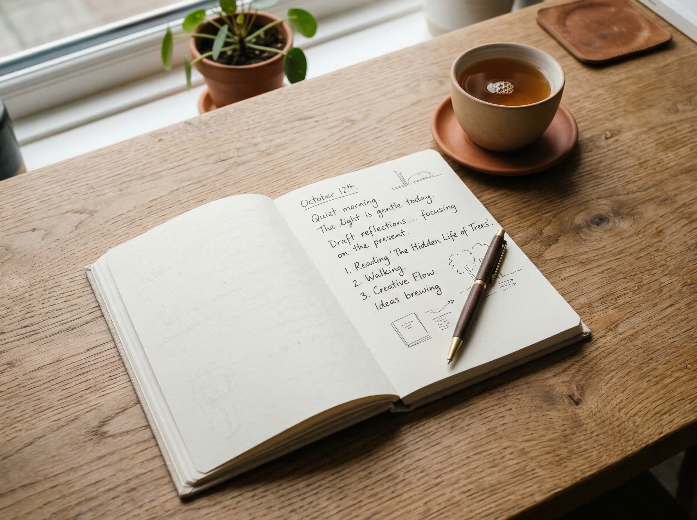 Open journal on a wooden desk