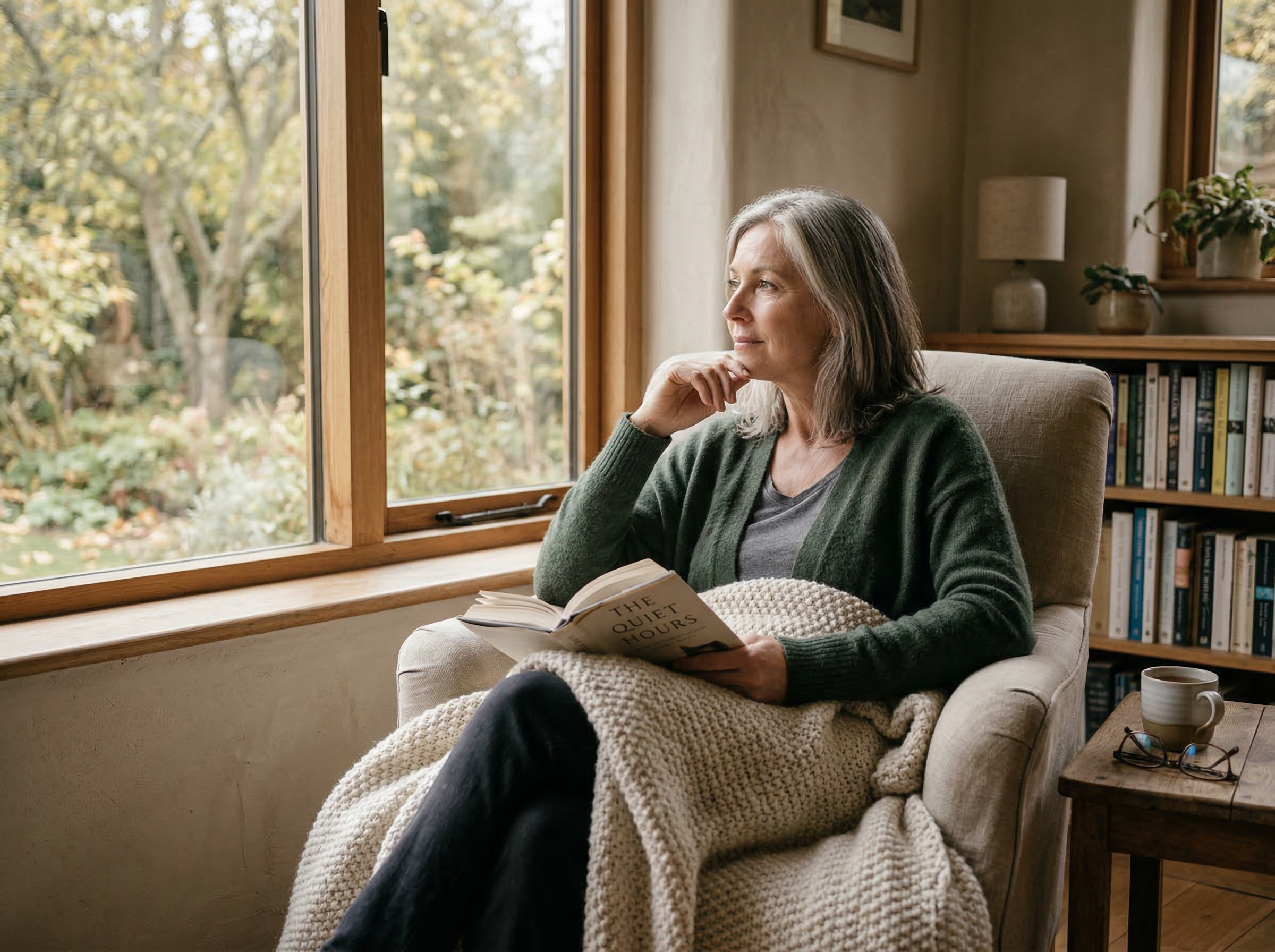 A woman sitting in a reading chair by a window, thoughtful and present