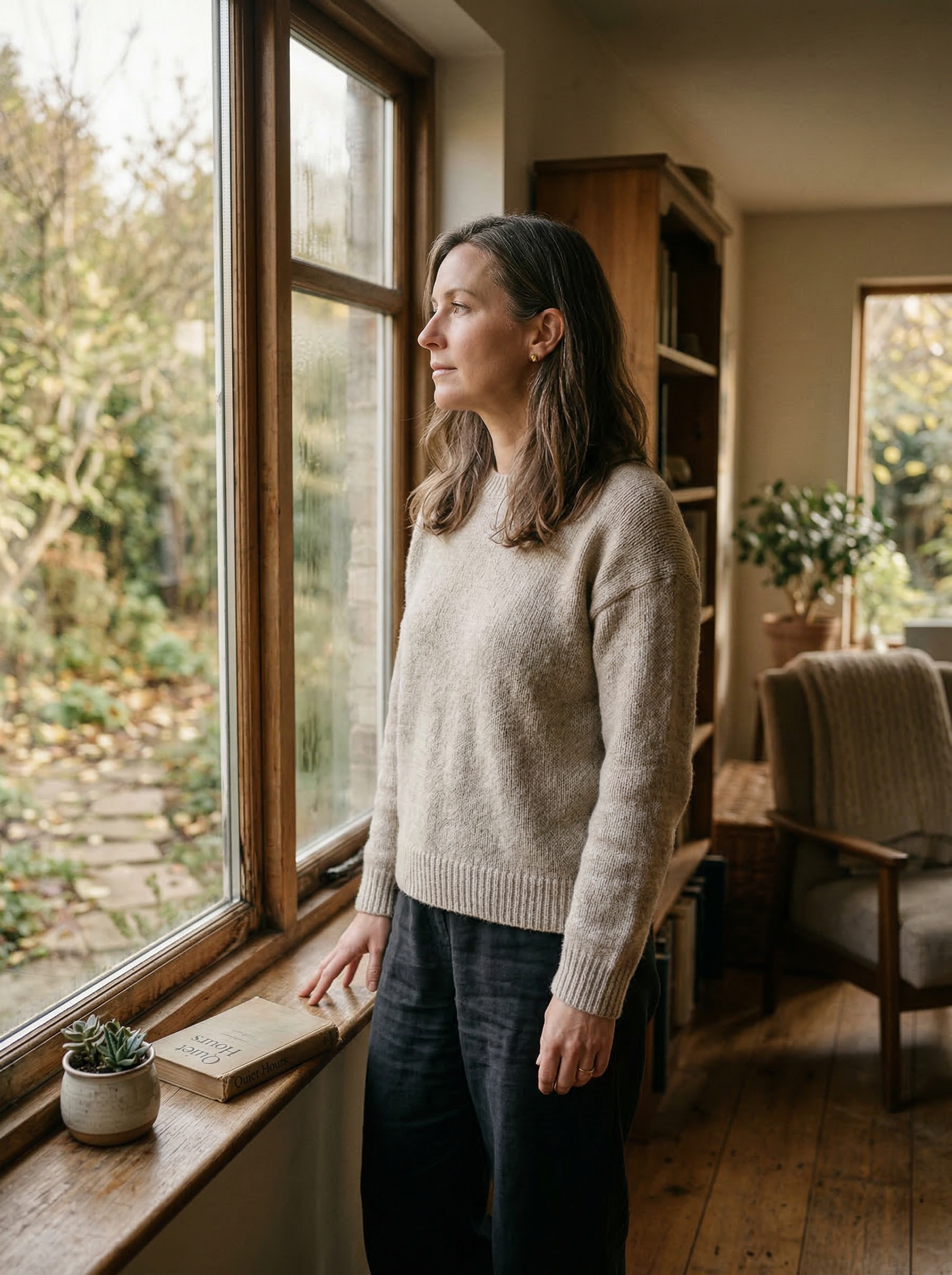 A woman standing at a window, looking outside, calm and contemplative